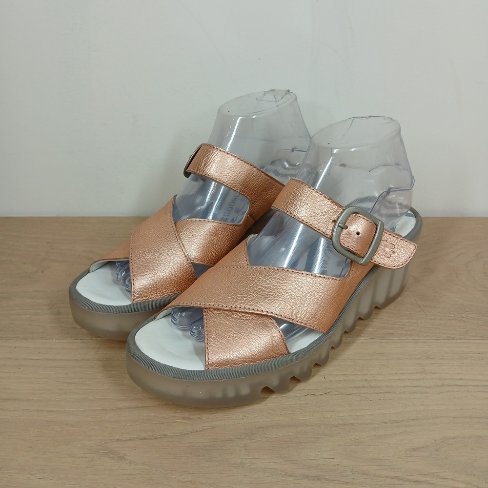 Fly London Platform Sandals Women 38 Rose Gold Leather Buckle Strap Wedge Sole